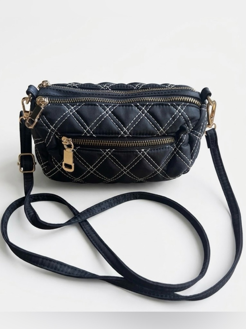 Black Quilted Crossbody Bag with Gold Hardware